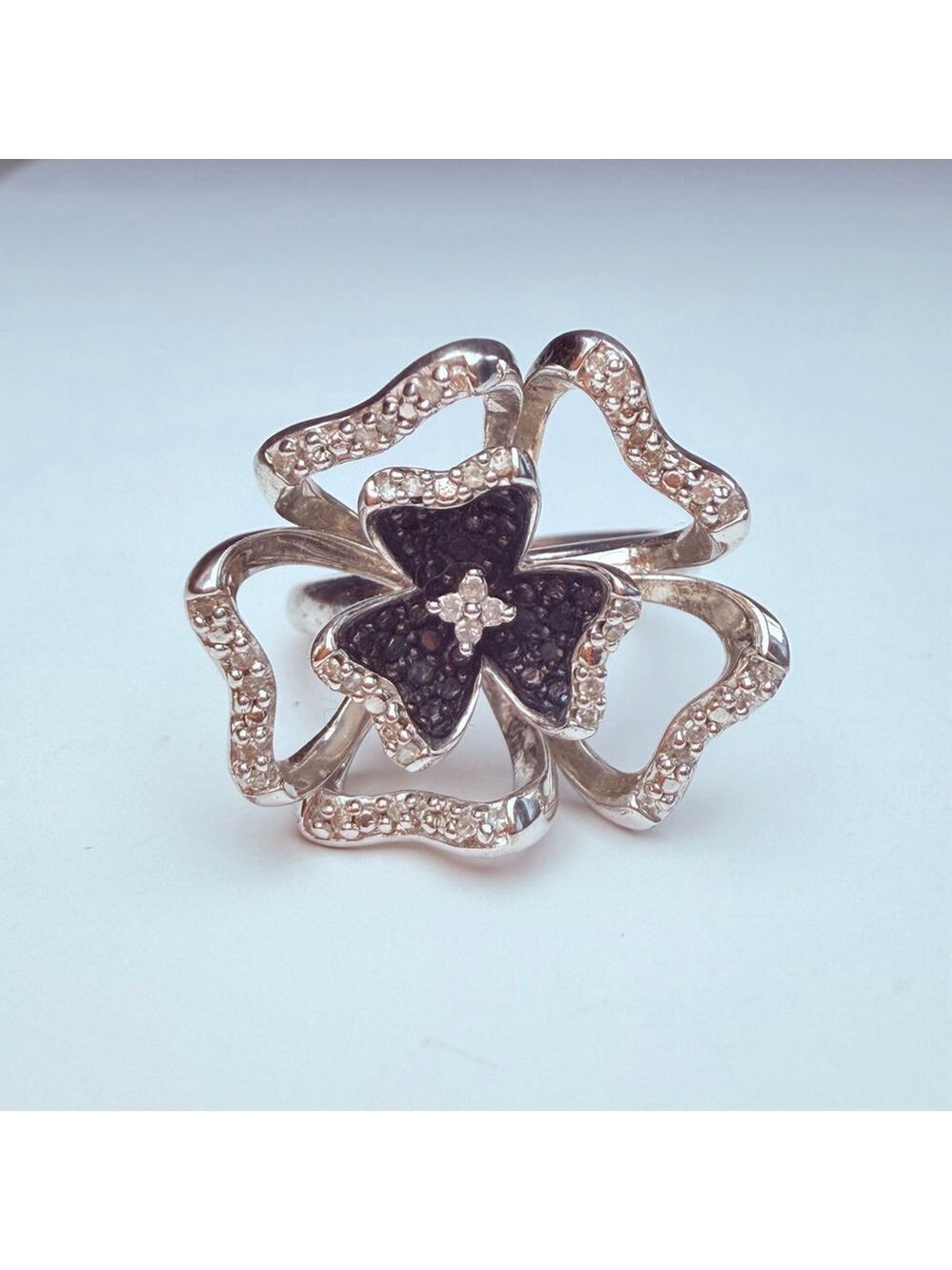 Modernist Diamond Pave Sculptural Spiral Flower 925 Sterling Silver VTG Ring
